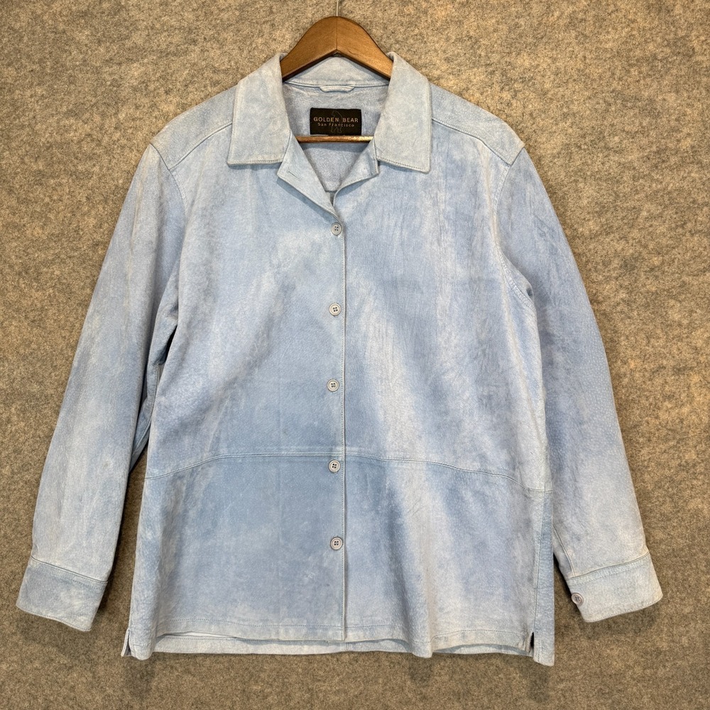 Golden Bear 100% Suede Leather Shirt Jacket Mens XL Baby Blue Button Up *